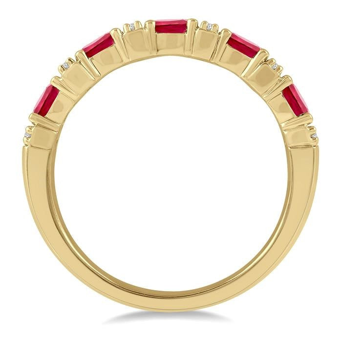 4x3 MM Oval Shape Ruby and 1/6 Ctw Round Cut Diamond Precious Band in 14K Yellow Gold