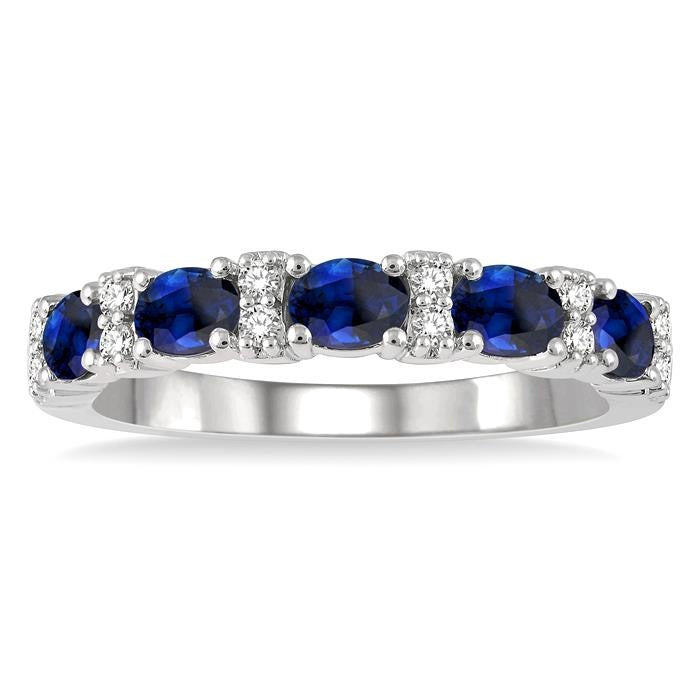 4x3 MM Oval Shape Sapphire and 1/6 Ctw Round Cut Diamond Precious Band in 14K White Gold