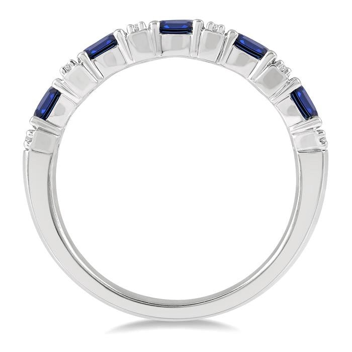 4x3 MM Oval Shape Sapphire and 1/6 Ctw Round Cut Diamond Precious Band in 14K White Gold