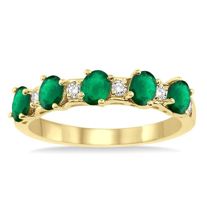 4x3 MM Oval Shape Emerald and 1/6 Ctw Round Cut Diamond Precious Band in 14K Yellow Gold
