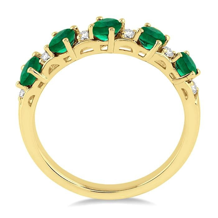 4x3 MM Oval Shape Emerald and 1/6 Ctw Round Cut Diamond Precious Band in 14K Yellow Gold