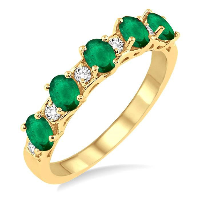 Oval Shape Emerald and 1/6 Ctw Round Cut Diamond Precious Band in 14K Yellow Gold