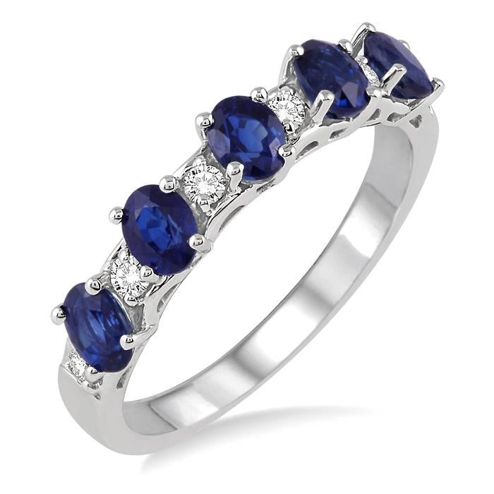 4x3 MM Oval Shape Sapphire and 1/6 Ctw Round Cut Diamond Precious Band in 14K White Gold