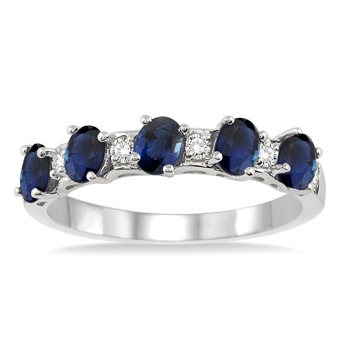 4x3 MM Oval Shape Sapphire and 1/6 Ctw Round Cut Diamond Precious Band in 14K White Gold