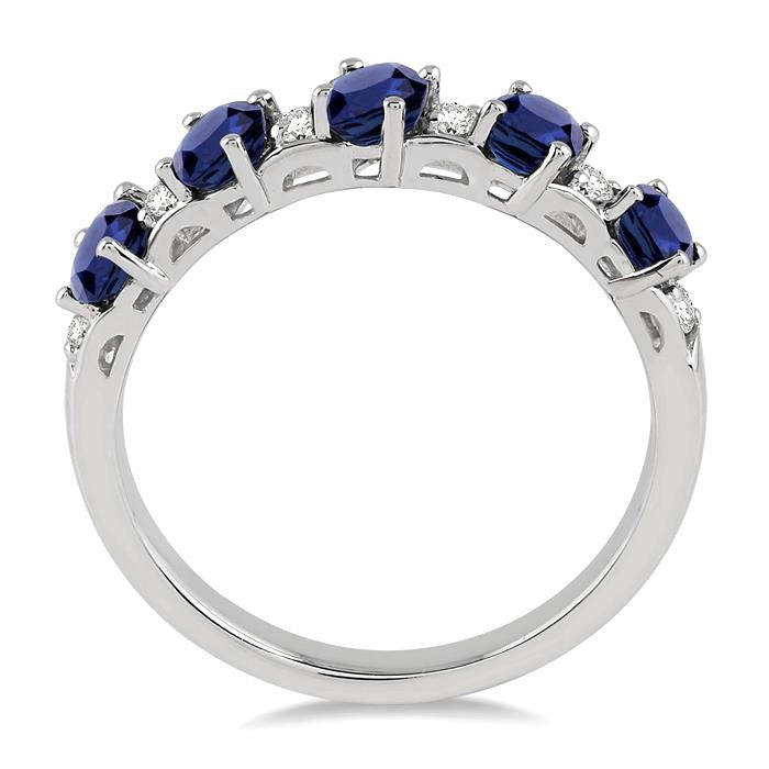 4x3 MM Oval Shape Sapphire and 1/6 Ctw Round Cut Diamond Precious Band in 14K White Gold