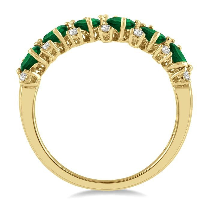 4x3 MM Oval Shape Emerald and 1/5 Ctw Round Cut Diamond Precious Band in 14K Yellow Gold