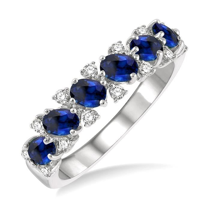 4x3 MM Oval Shape Sapphire and 1/5 Ctw Round Cut Diamond Precious Band in 14K White Gold