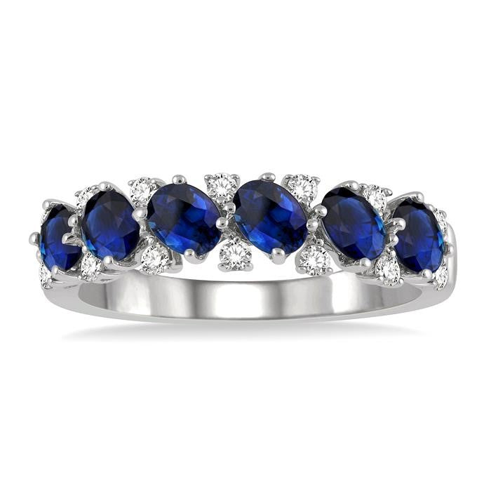 4x3 MM Oval Shape Sapphire and 1/5 Ctw Round Cut Diamond Precious Band in 14K White Gold