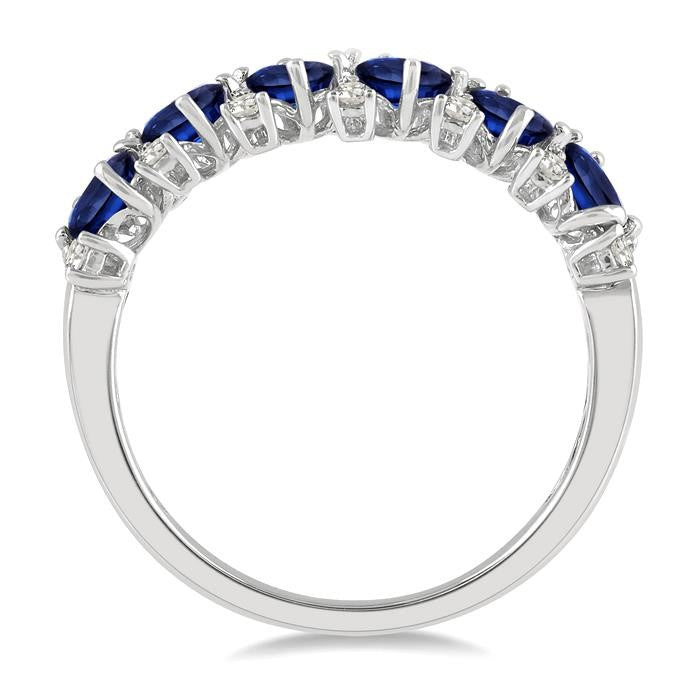 4x3 MM Oval Shape Sapphire and 1/5 Ctw Round Cut Diamond Precious Band in 14K White Gold