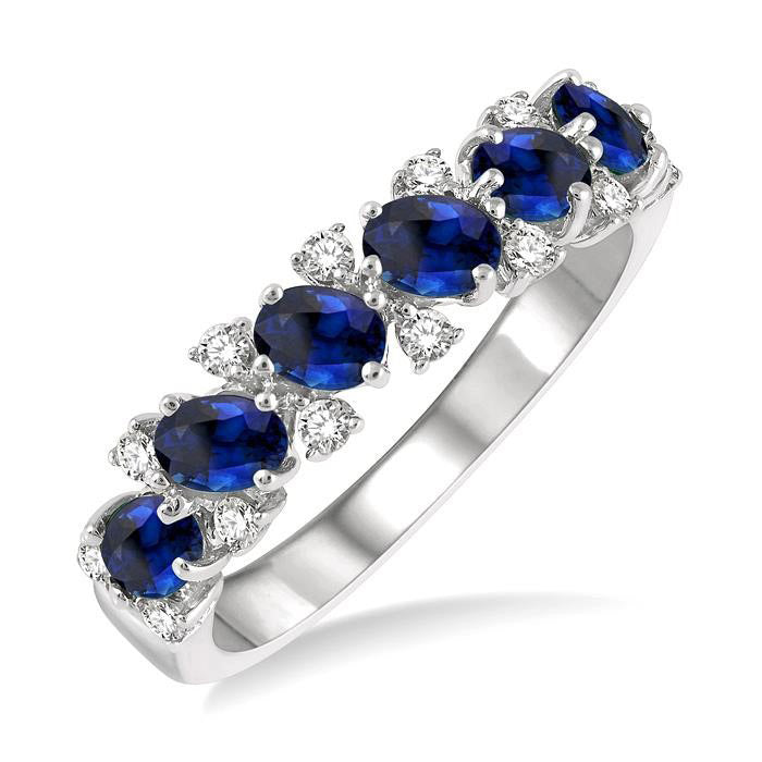 Oval Shape Sapphire and 1/5 Ctw Round Cut Diamond Precious Band in 14K White Gold
