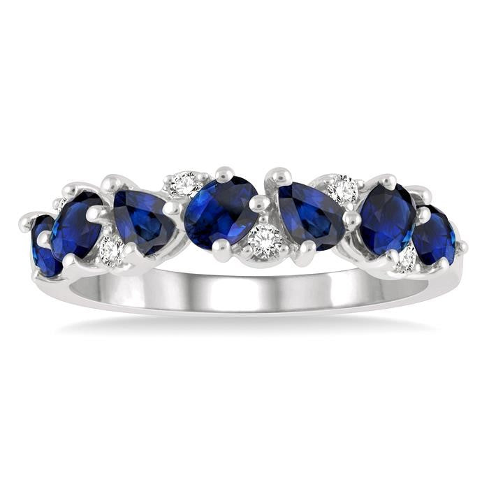 4x3 MM Pear and Oval Shape Sapphire and 1/10 Ctw Round Cut Diamond Precious Band in 14K White Gold