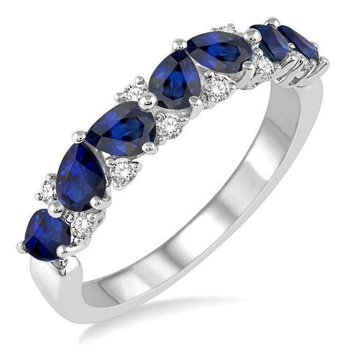 4x3 MM Pear Shape Sapphire and 1/6 Ctw Round Cut Diamond Precious Band in 14K White Gold
