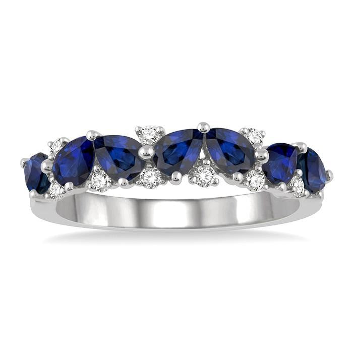 4x3 MM Pear Shape Sapphire and 1/6 Ctw Round Cut Diamond Precious Band in 14K White Gold