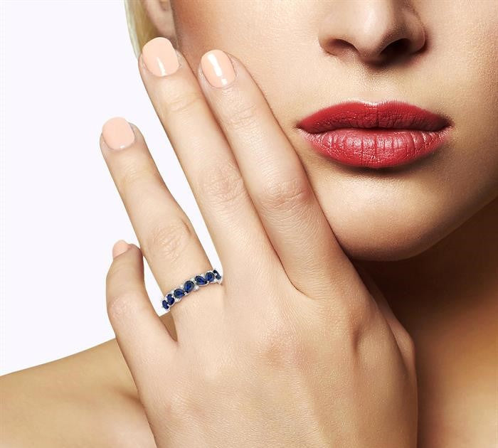 4x3 MM Pear Shape Sapphire and 1/6 Ctw Round Cut Diamond Precious Band in 14K White Gold