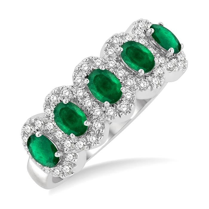 4x3 MM Oval Cut Emerald and 1/3 Ctw Round Cut Diamond Precious Wedding Band in 14K White Gold