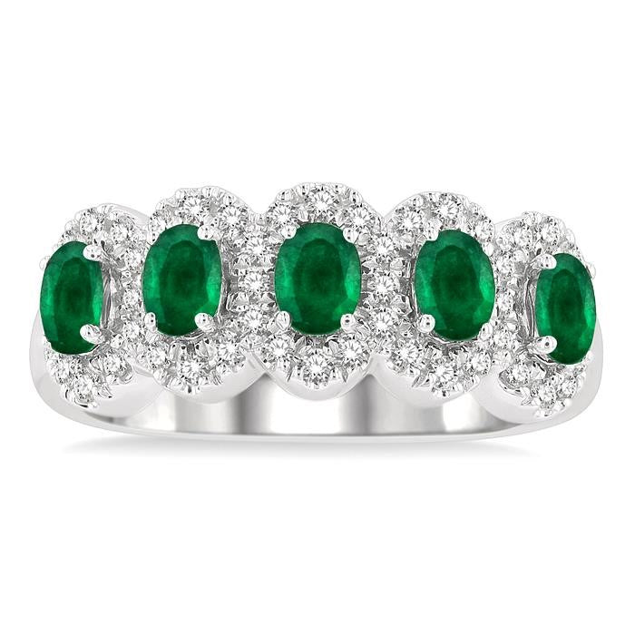 4x3 MM Oval Cut Emerald and 1/3 Ctw Round Cut Diamond Precious Wedding Band in 14K White Gold