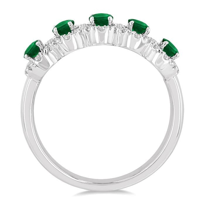 4x3 MM Oval Cut Emerald and 1/3 Ctw Round Cut Diamond Precious Wedding Band in 14K White Gold