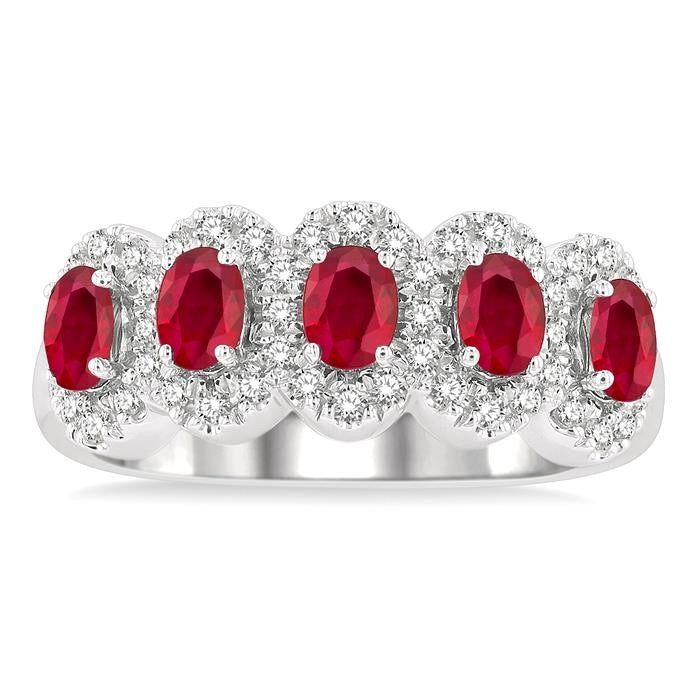 Oval Shape 5 Gemstone & Halo Diamond Wedding Band