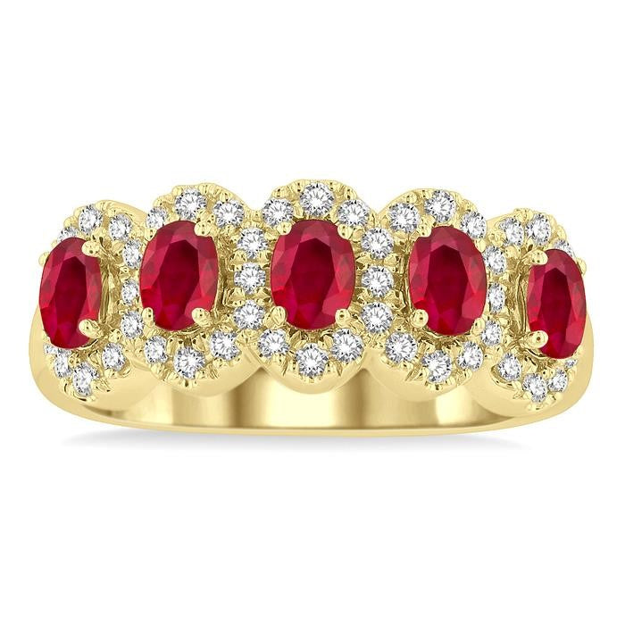 4x3 MM Oval Cut Ruby and 1/3 Ctw Round Cut Diamond Precious Wedding Band in 14K Yellow Gold