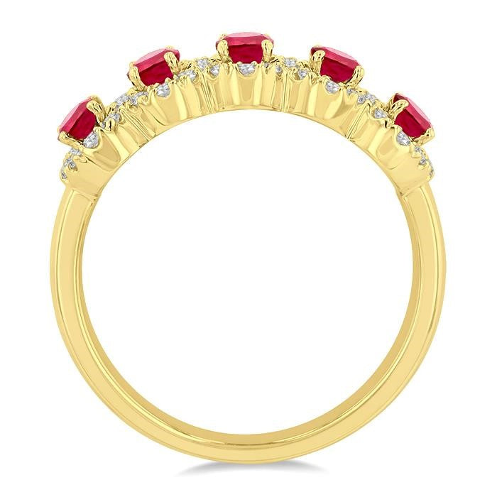 4x3 MM Oval Cut Ruby and 1/3 Ctw Round Cut Diamond Precious Wedding Band in 14K Yellow Gold