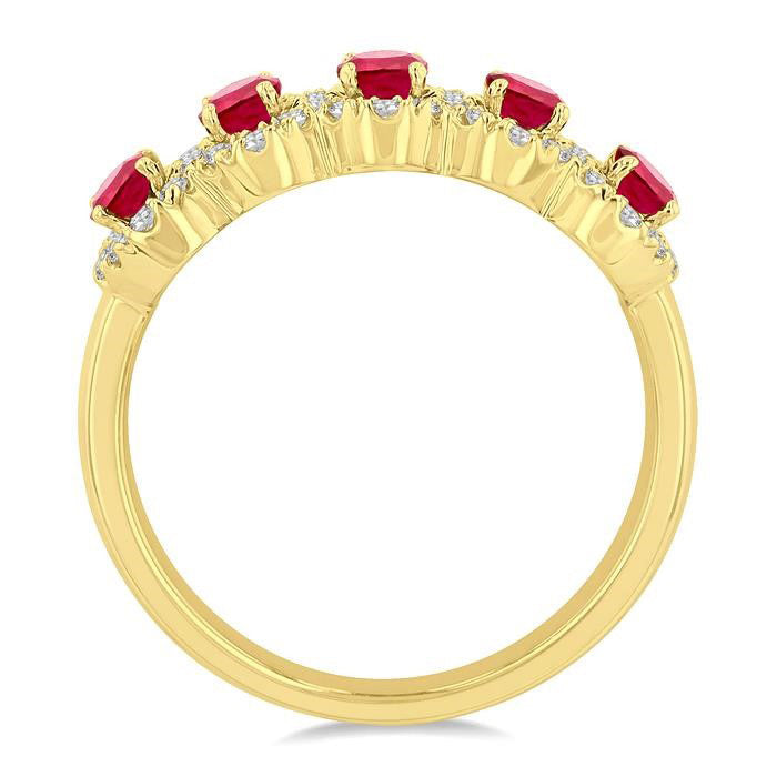 Oval Shape 5 Gemstone & Halo Diamond Wedding Band