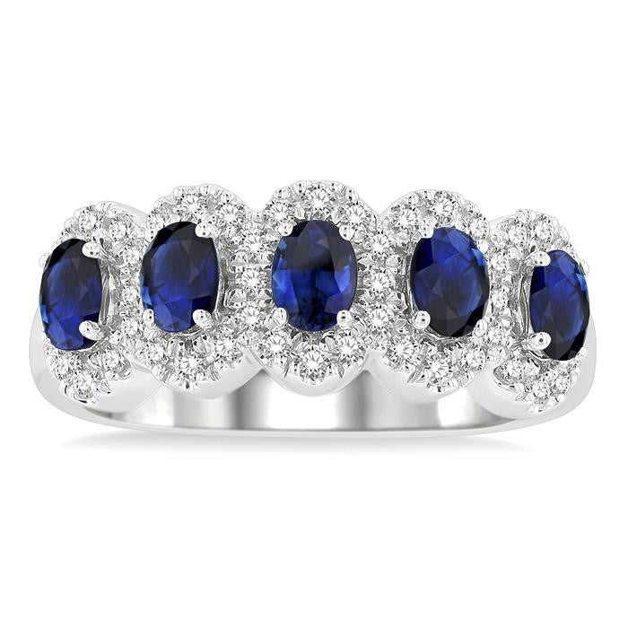 4x3 MM Oval Cut Sapphire and 1/3 Ctw Round Cut Diamond Precious Wedding Band in 14K White Gold