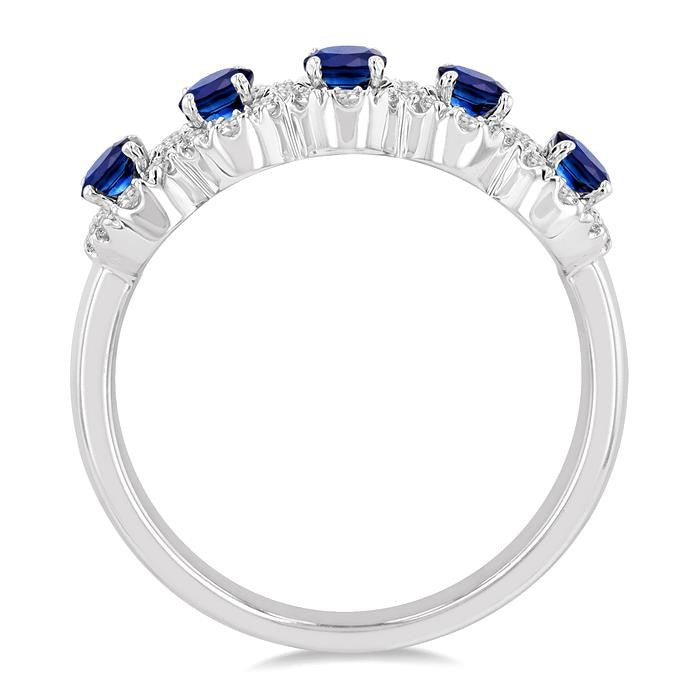 4x3 MM Oval Cut Sapphire and 1/3 Ctw Round Cut Diamond Precious Wedding Band in 14K White Gold