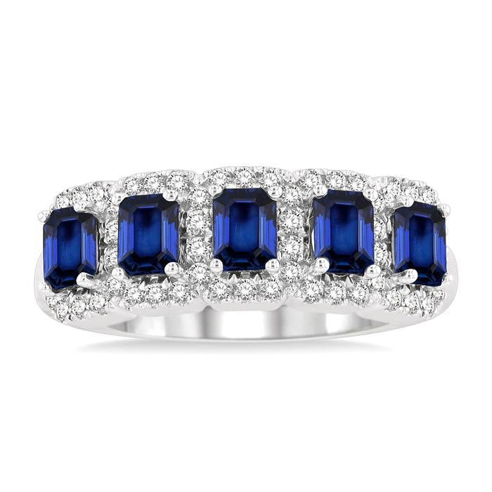 4x3 MM Emerald Shape Sapphire and 1/2 Ctw Round Cut Diamond Precious Wedding Band in 14K White Gold