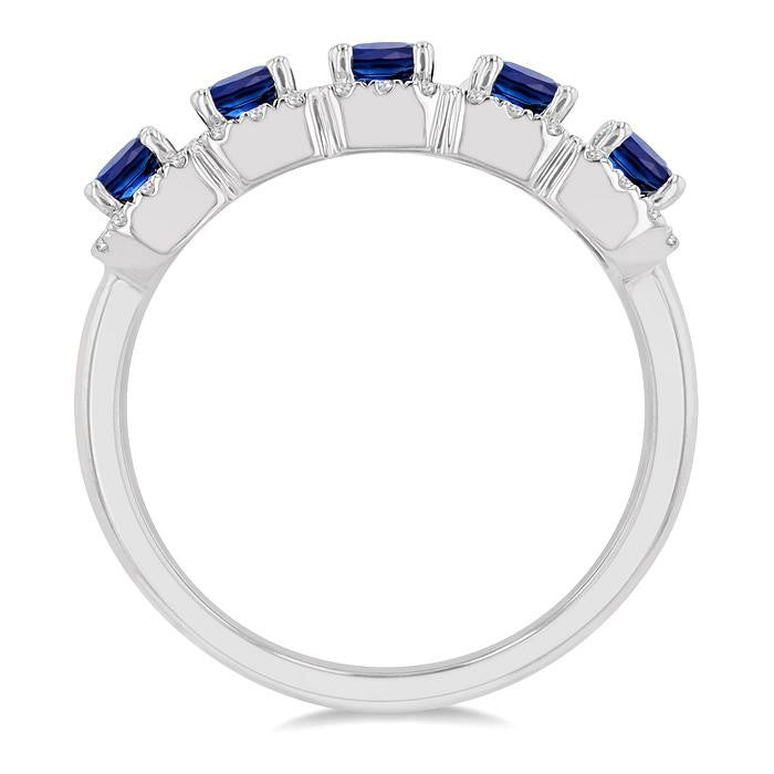 4x3 MM Emerald Shape Sapphire and 1/2 Ctw Round Cut Diamond Precious Wedding Band in 14K White Gold