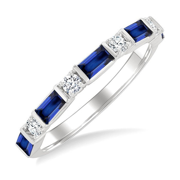 4X2 MM Baguette Cut Sapphire and 1/5 Ctw Art Deco Round Cut Diamond Precious Band in 14K White Gold