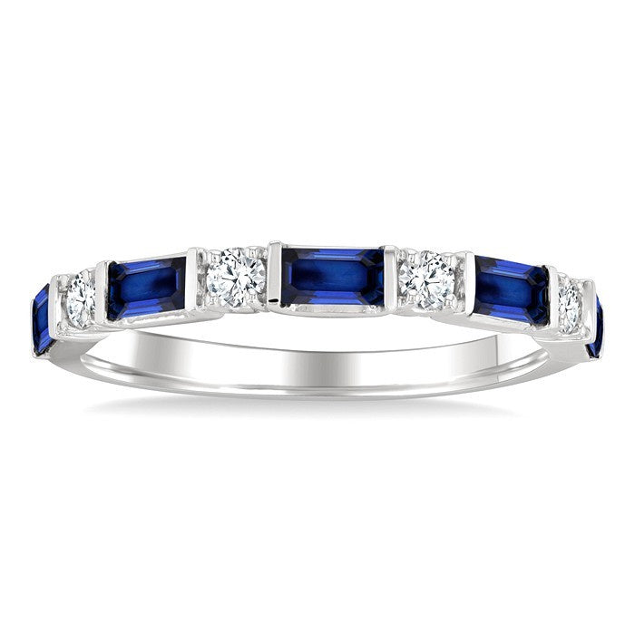 4X2 MM Baguette Cut Sapphire and 1/5 Ctw Art Deco Round Cut Diamond Precious Band in 14K White Gold