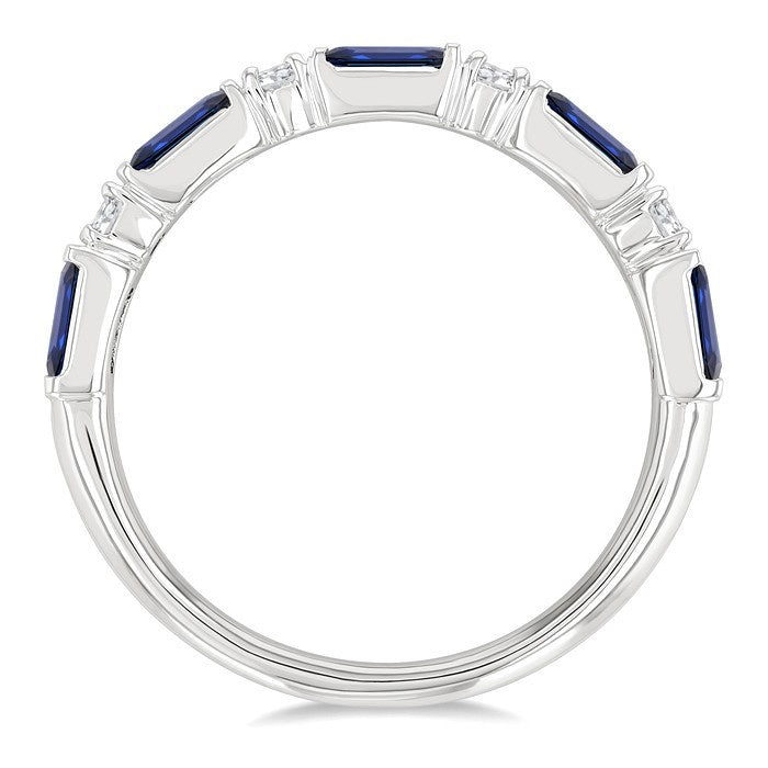 4X2 MM Baguette Cut Sapphire and 1/5 Ctw Art Deco Round Cut Diamond Precious Band in 14K White Gold
