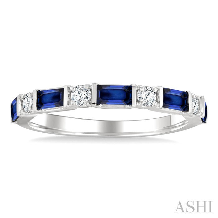 4X2 MM Baguette Cut Sapphire and 1/5 Ctw Art Deco Round Cut Diamond Precious Band in 14K White Gold