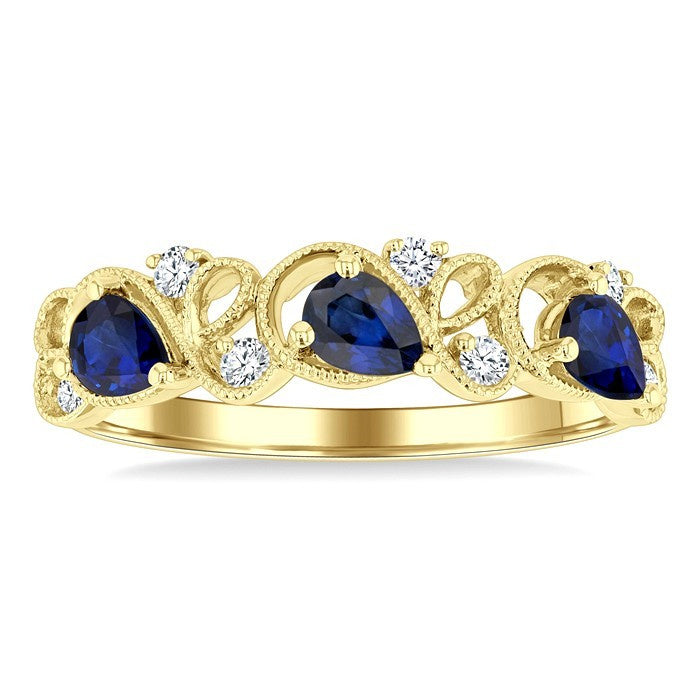 4x3 MM Pear Cut Sapphire and 1/10 Ctw Lattice Round Cut Diamond Precious Band in 14K Yellow Gold