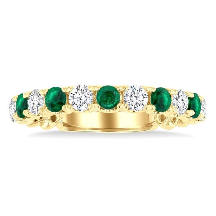 2.85 MM Emerald and 1/2 Ctw Round Cut Diamond Precious Wedding Band in 14K Yellow Gold