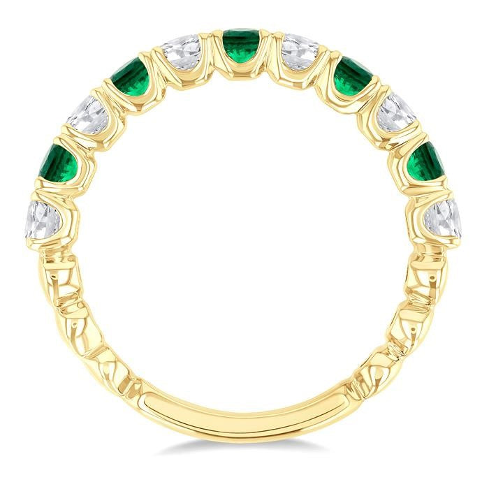 2.85 MM Emerald and 1/2 Ctw Round Cut Diamond Precious Wedding Band in 14K Yellow Gold