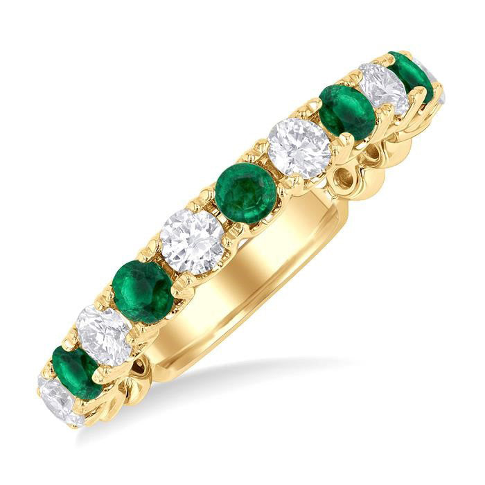2.85 MM Emerald and 1/2 Ctw Round Cut Diamond Precious Wedding Band in 14K Yellow Gold