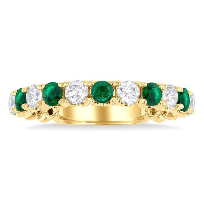 2.85 MM Emerald and 1/2 Ctw Round Cut Diamond Precious Wedding Band in 14K Yellow Gold