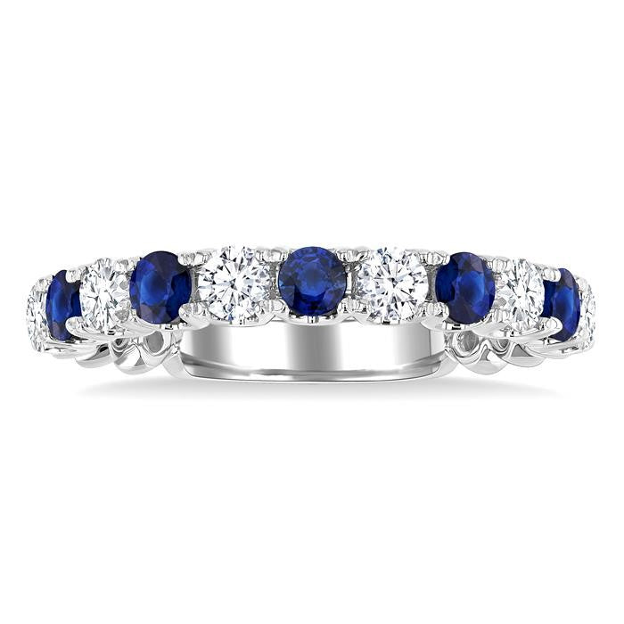 2.85 MM Sapphire and 1/2 Ctw Round Cut Diamond Precious Wedding Band in 14K White Gold