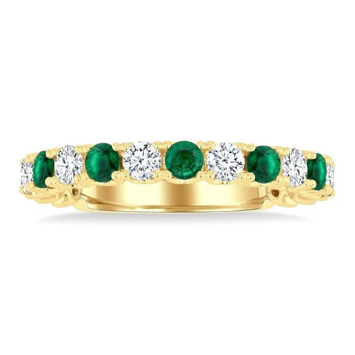 2.6 MM Emerald and 3/8 Ctw Round Cut Diamond Precious Wedding Band in 14K Yellow Gold