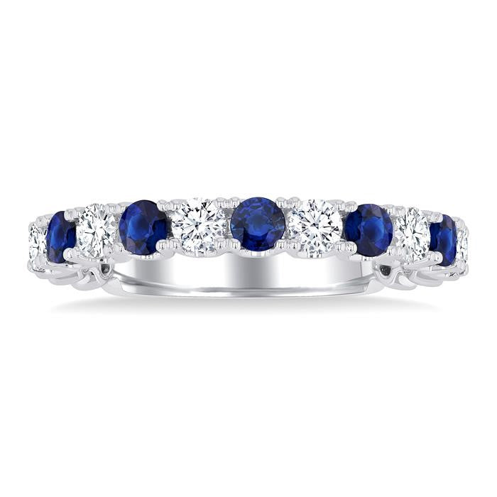 2.6 MM Sapphire and 3/8 Ctw Round Cut Diamond Precious Wedding Band in 14K White Gold