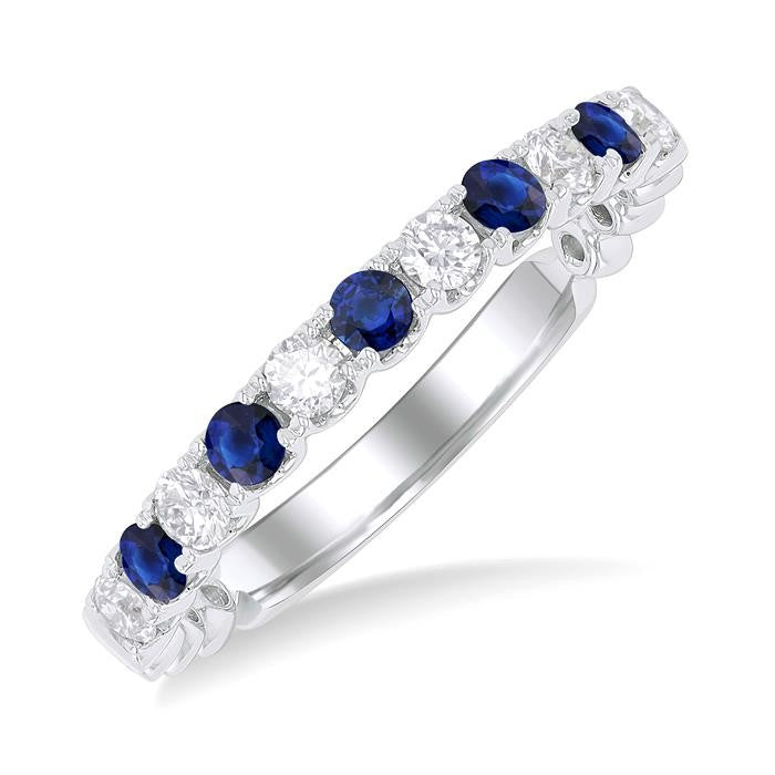 2.25 MM Sapphire and 1/4 Ctw Round Cut Diamond Precious Wedding Band in 14K White Gold