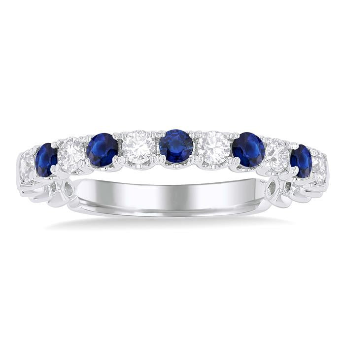 2.25 MM Sapphire and 1/4 Ctw Round Cut Diamond Precious Wedding Band in 14K White Gold