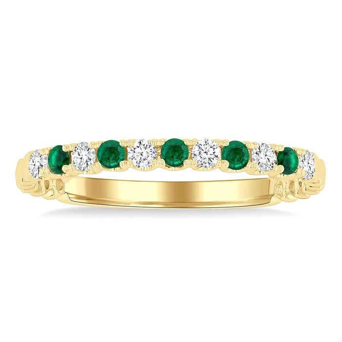 1.75 MM Emerald and 1/6 Ctw Round Cut Diamond Precious Wedding Band in 14K Yellow Gold