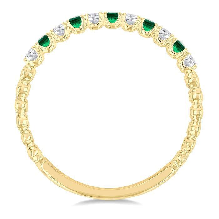 1.75 MM Emerald and 1/6 Ctw Round Cut Diamond Precious Wedding Band in 14K Yellow Gold