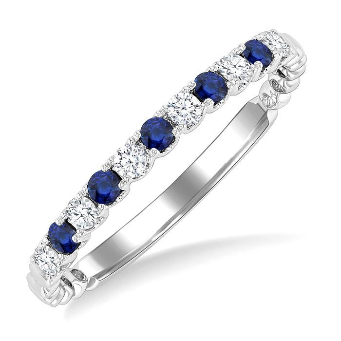 1.75 MM Sapphire and 1/6 Ctw Round Cut Diamond Precious Wedding Band in 14K White Gold