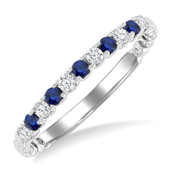 1.75 MM Sapphire and 1/6 Ctw Round Cut Diamond Precious Wedding Band in 14K White Gold