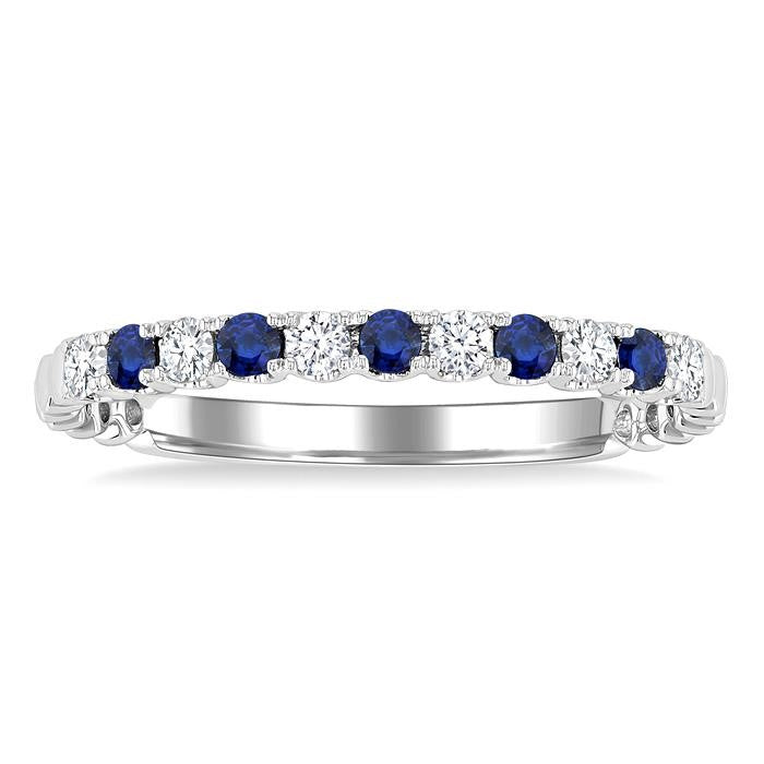1.75 MM Sapphire and 1/6 Ctw Round Cut Diamond Precious Wedding Band in 14K White Gold