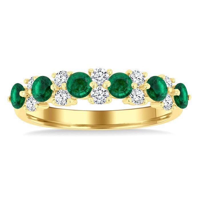 3 MM Emerald and 1/3 Ctw Round Cut Diamond Precious Band in 14K Yellow Gold