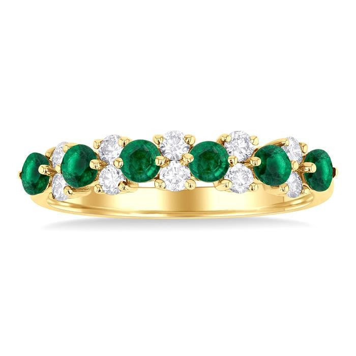 2.7 MM Emerald and 1/3 Ctw Round Cut Diamond Precious Band in 14K Yellow Gold
